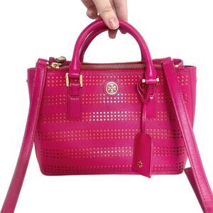 Tory Burch Robinson Fuchsia Double Zip Perforated Handbag Pink Leather Purse